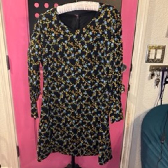 Navy blue with blue roses, Vintage long sleeve dress. - Picture 3 of 4